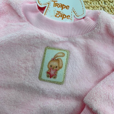 Conj. Casaco de Pelinho Coelhinha com Estrela e Calça em Plush - Rosa